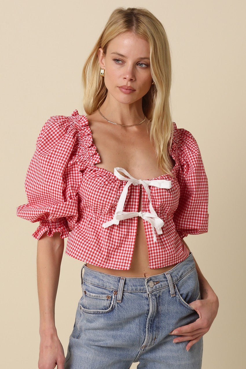 Red Gingham Front Tie Crop Top