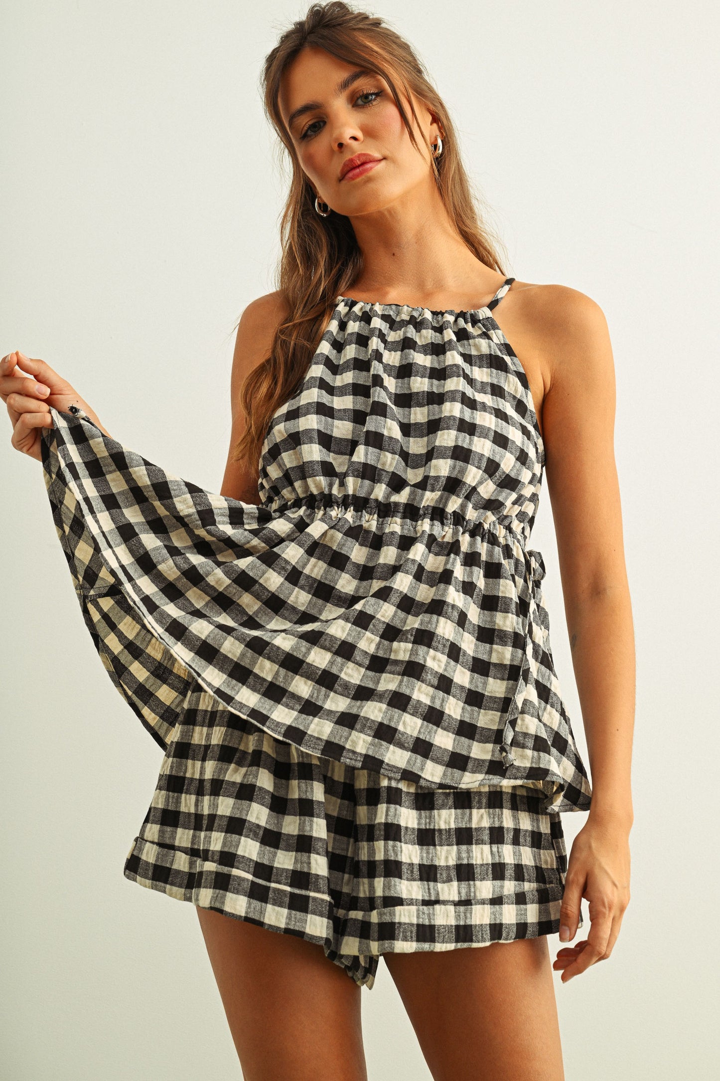 Gingham Halter Tie Top & Shorts Set Of 2 - Clothe Boutique