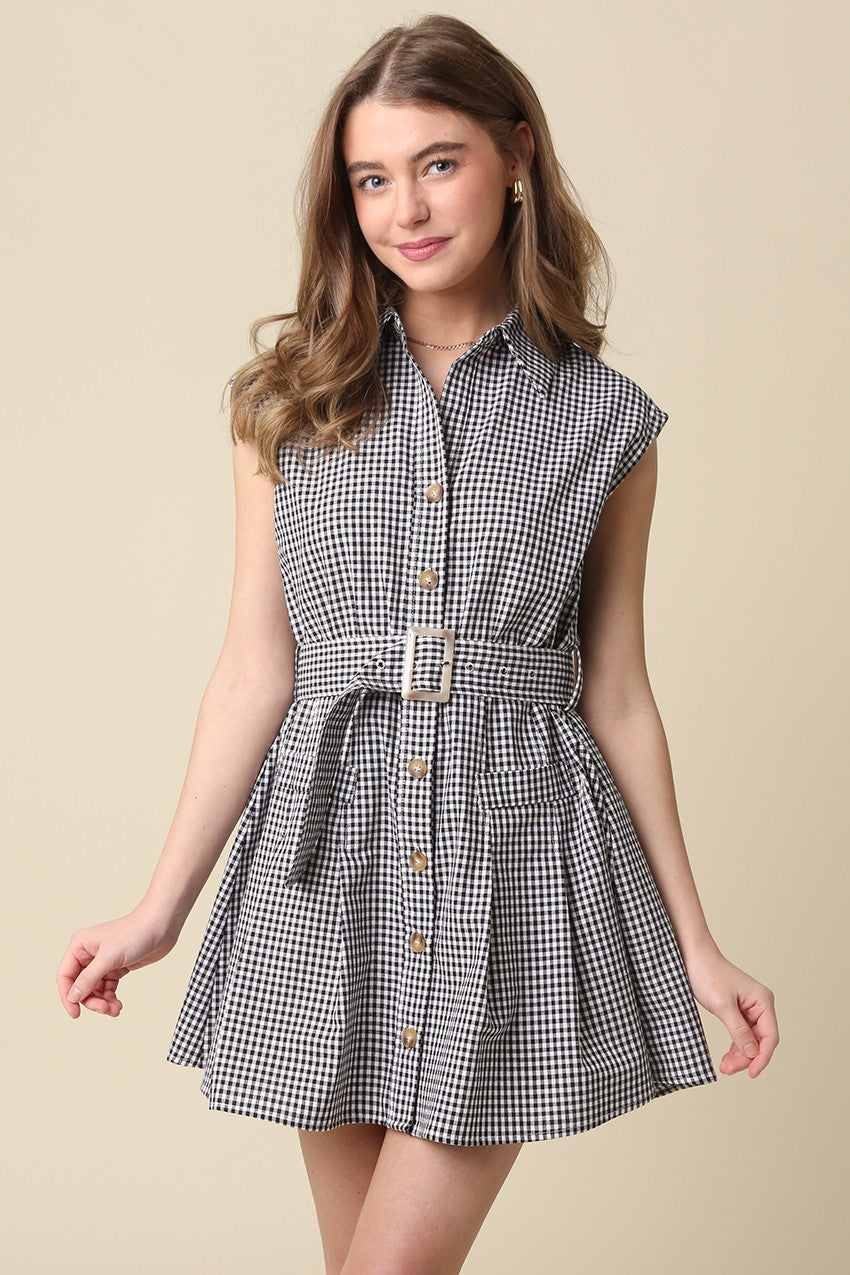 Black/White Belted Button Dress