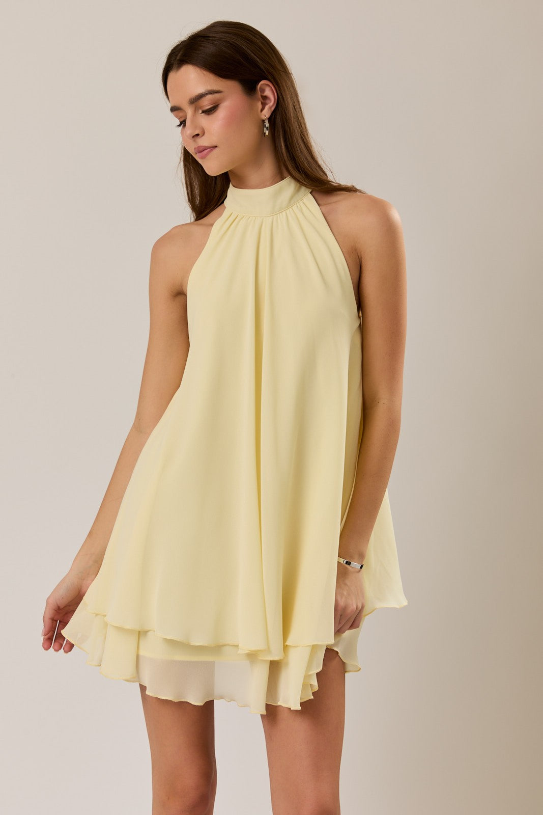 Halter Neck Ruffle Hem Dress Yellow