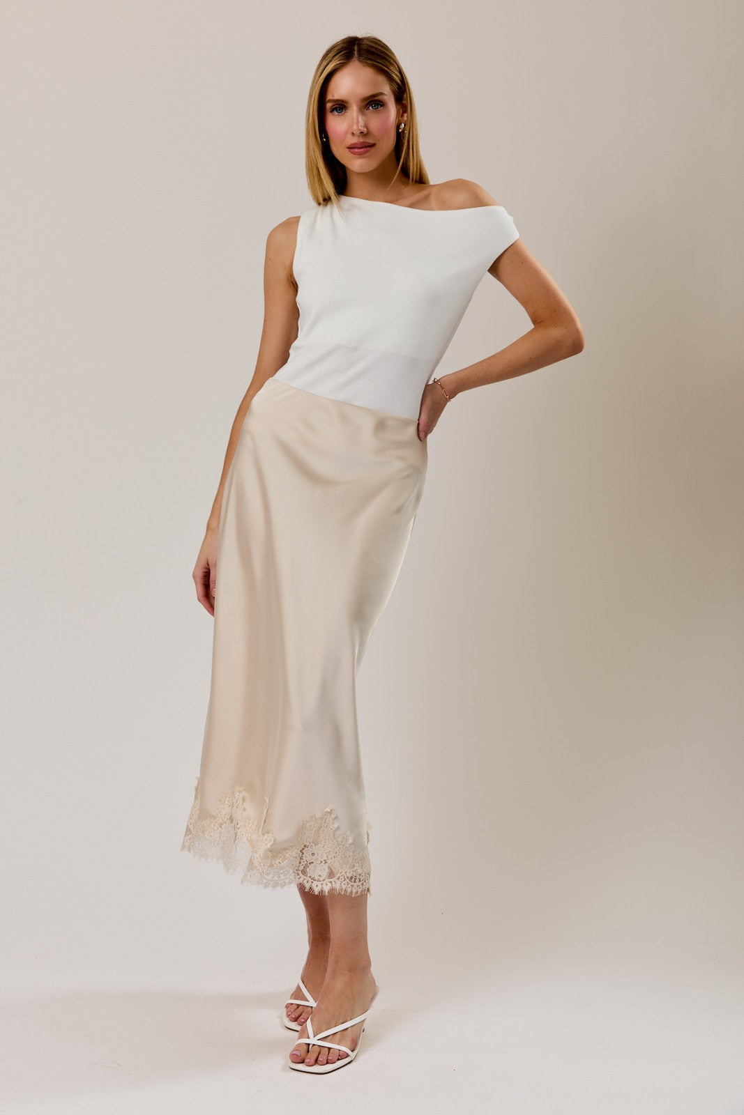 Lace Hem Midi Skirt Taupe