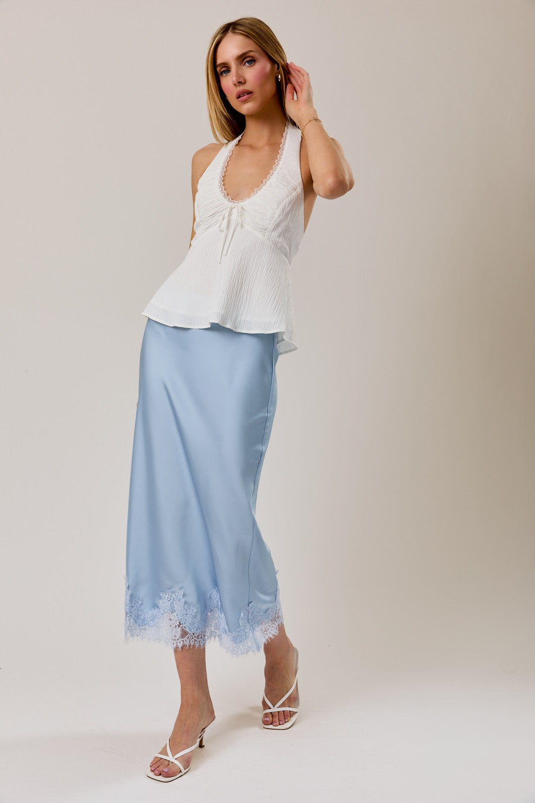 Lace Hem Midi Skirt Blue