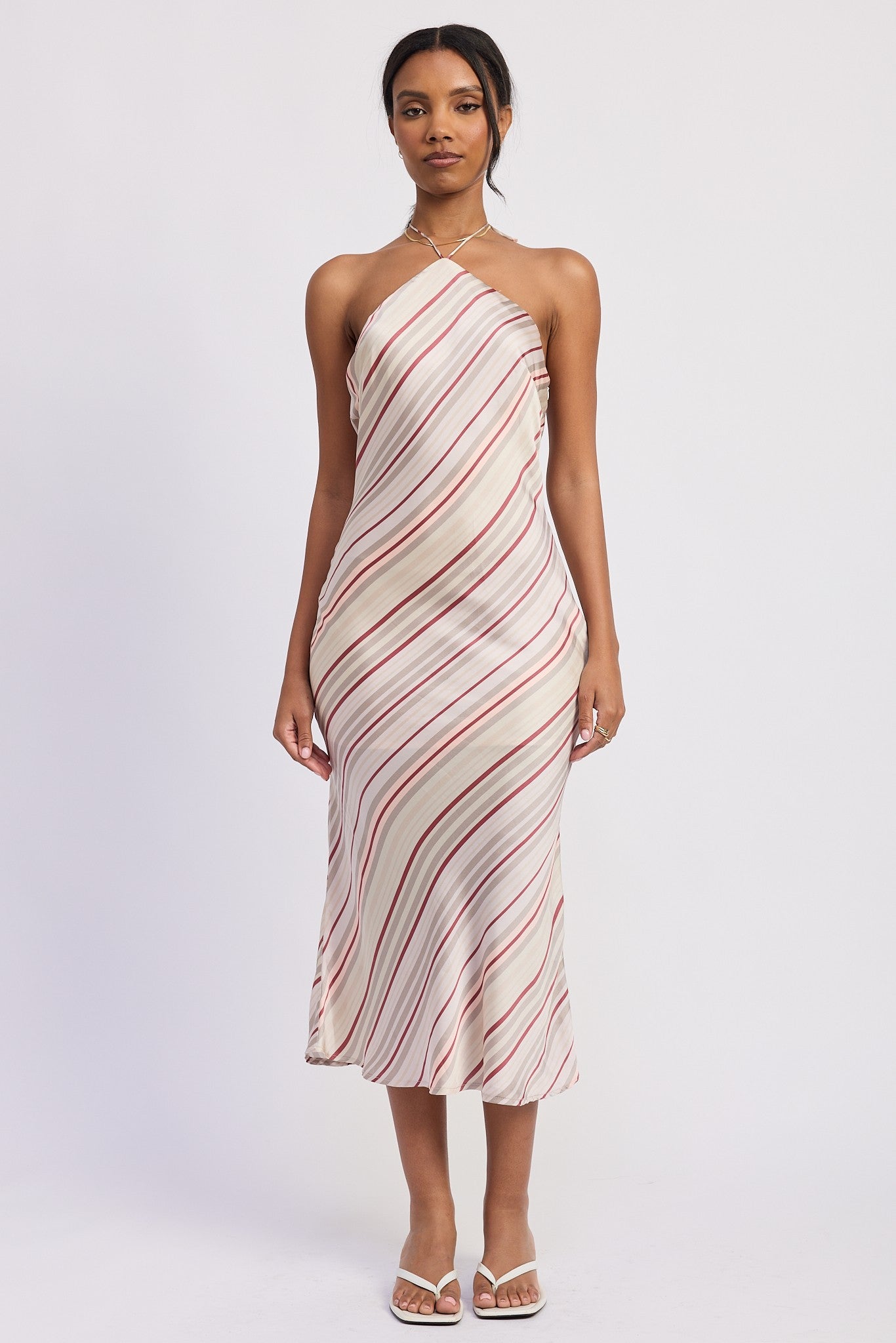 Halter Midi Satin Stripe Dress - Clothe Boutique