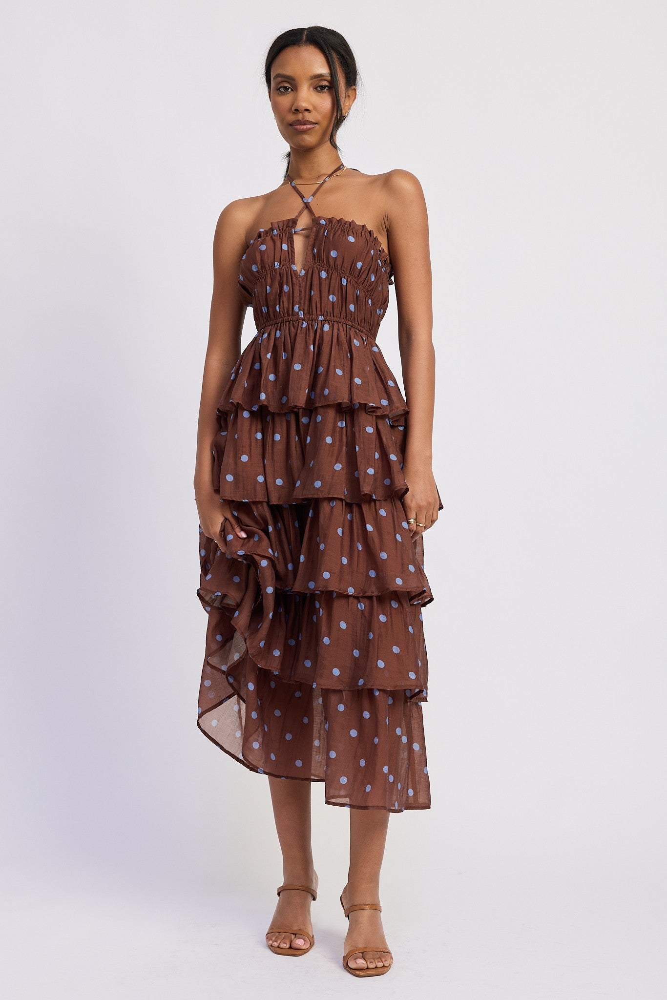 Brown Polka Dot Tiered Ruffle Maxi Dress - Clothe Boutique