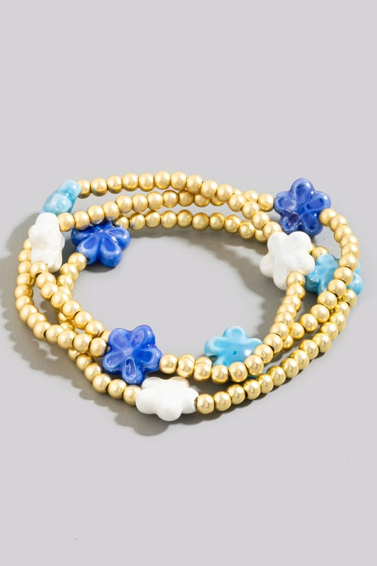 Flower Beaded Bracelet Set Blue