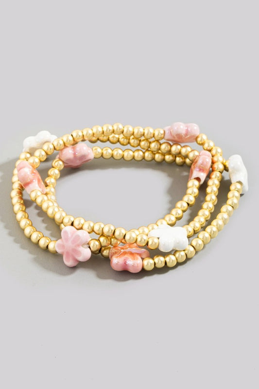 Flower Beaded Bracelet Set Pink
