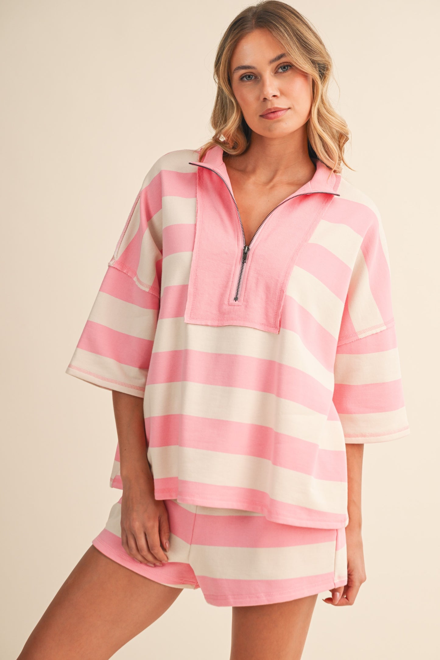 Stripe Terry Top & Shorts Set of 2 Pink