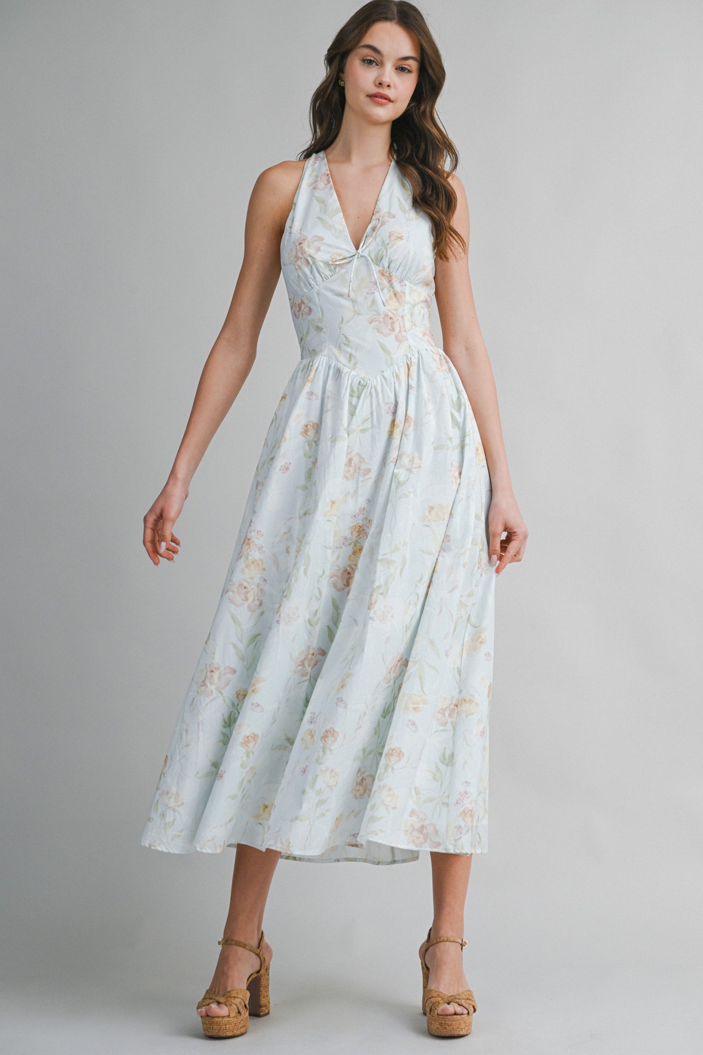 Floral V-neck Halter Midi Dress