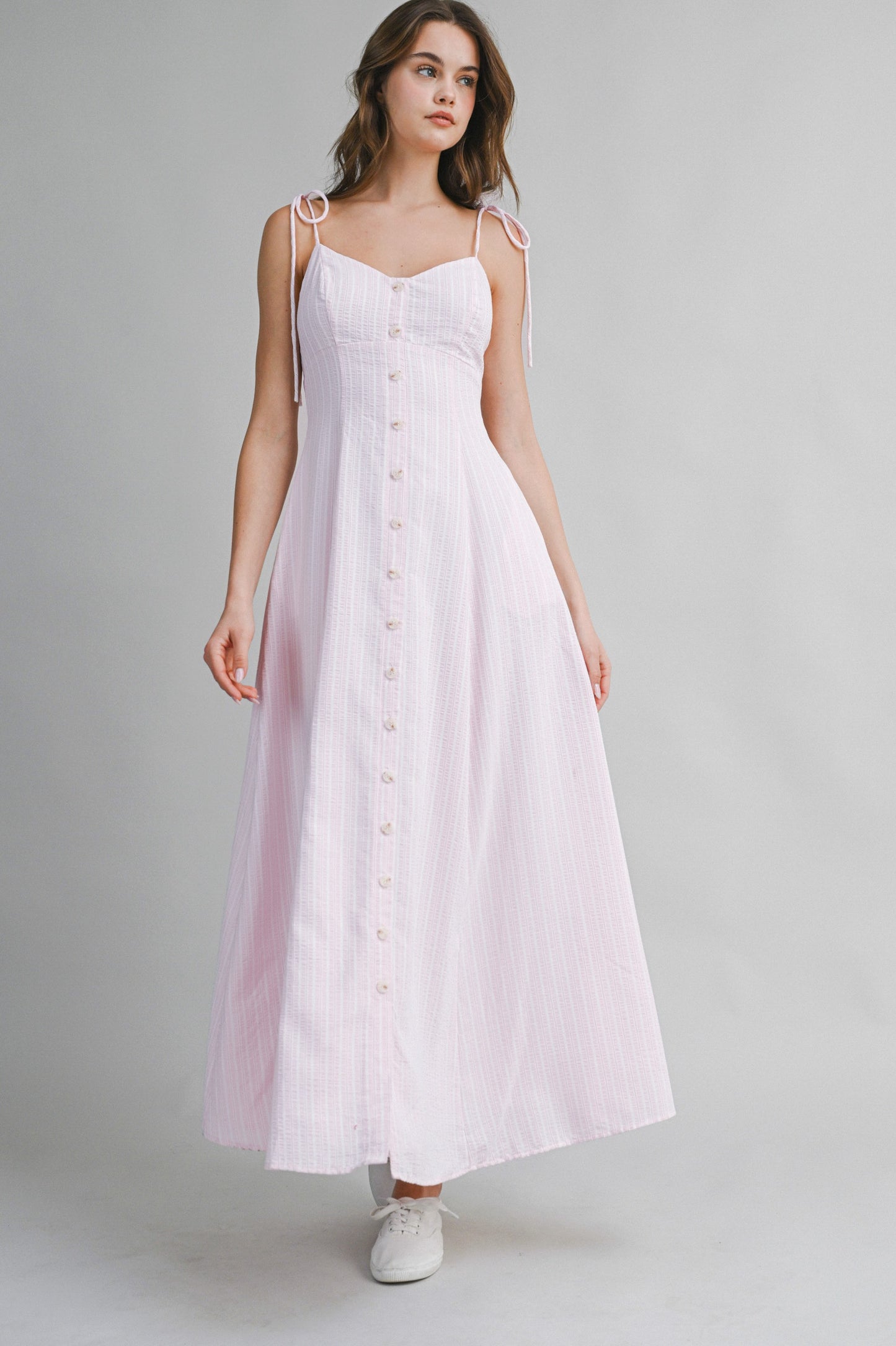 Striped Buttons Cotton Maxi Dress Pink