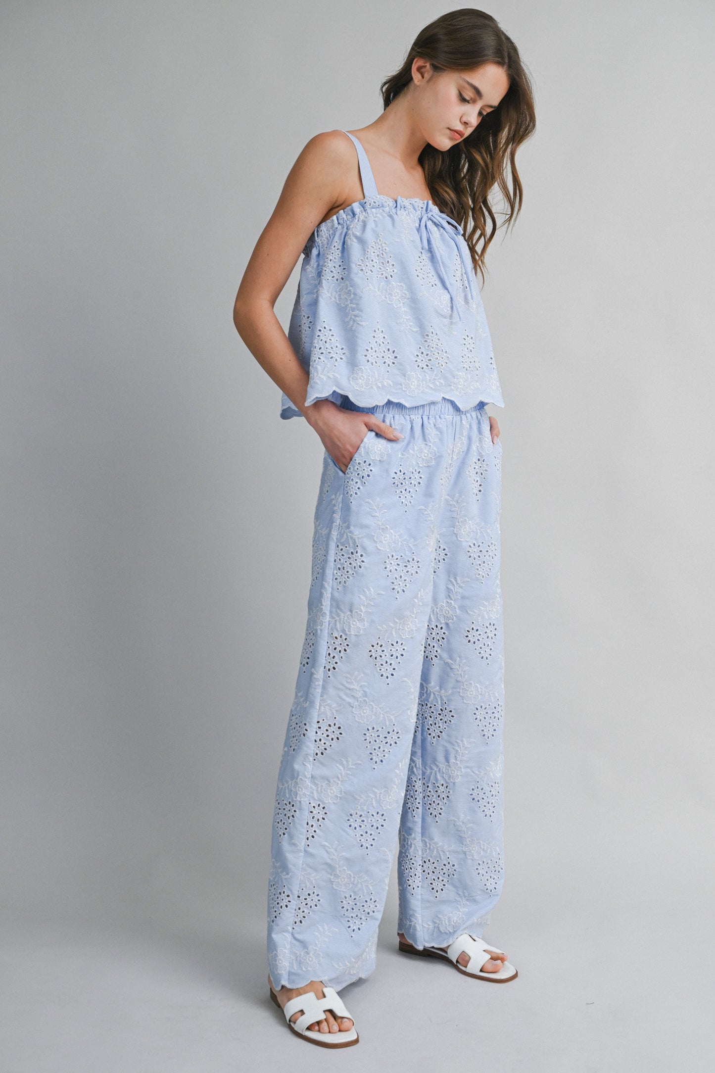 Blue Striped Eyelet Top & Pants Set of 2