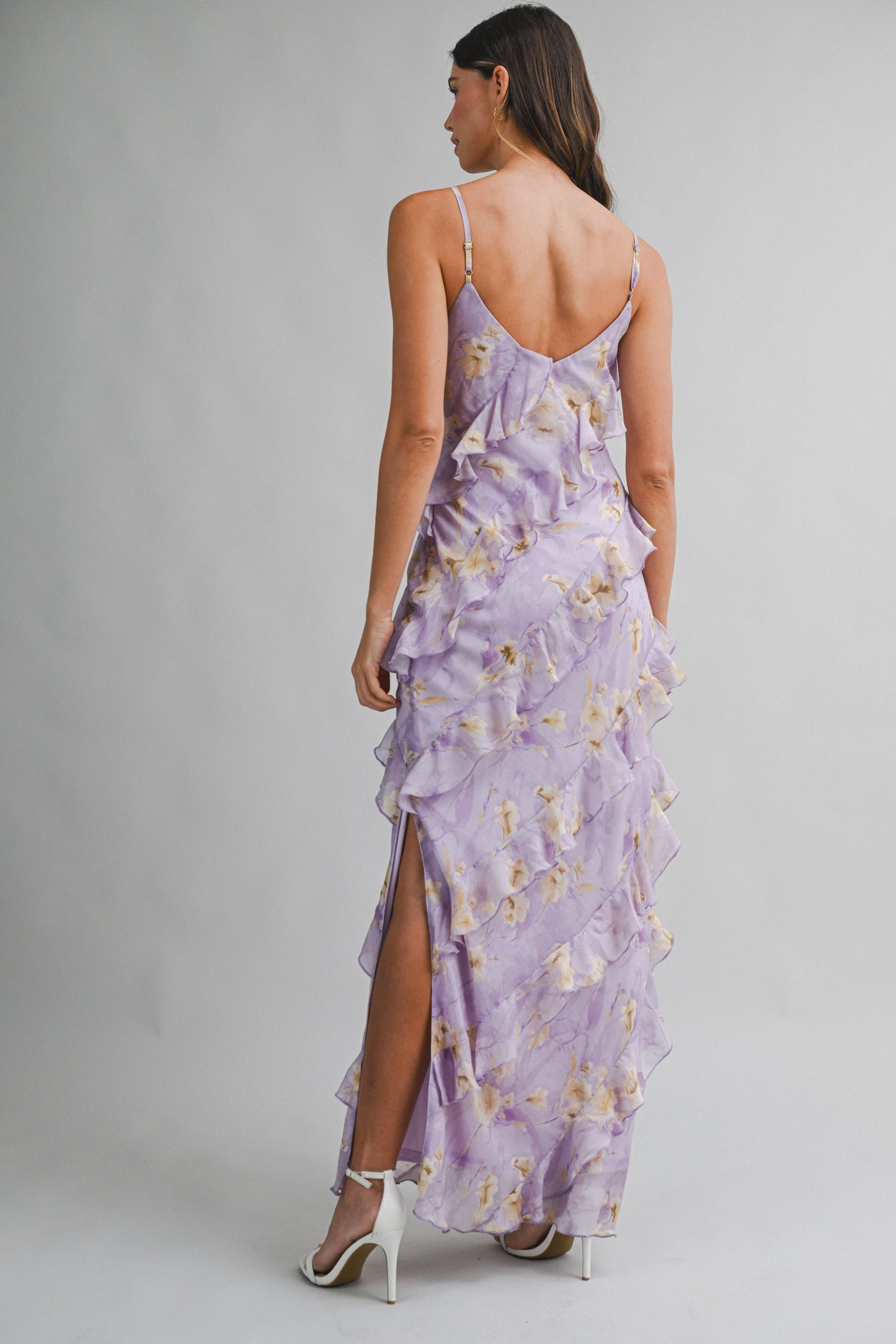 Lavender Floral Frilly Maxi Dress