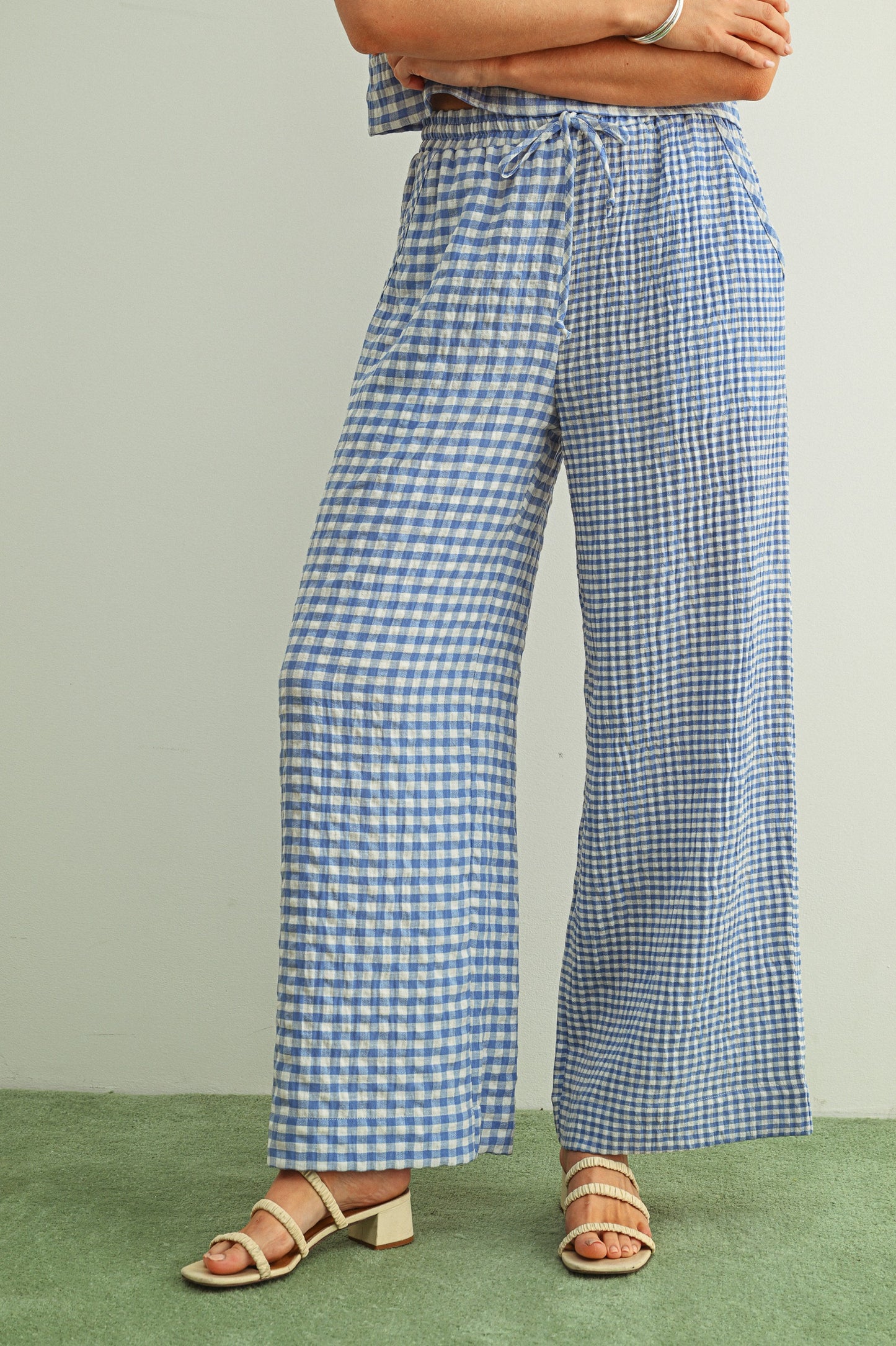 Mixed Gingham Drawstring Pants Blue