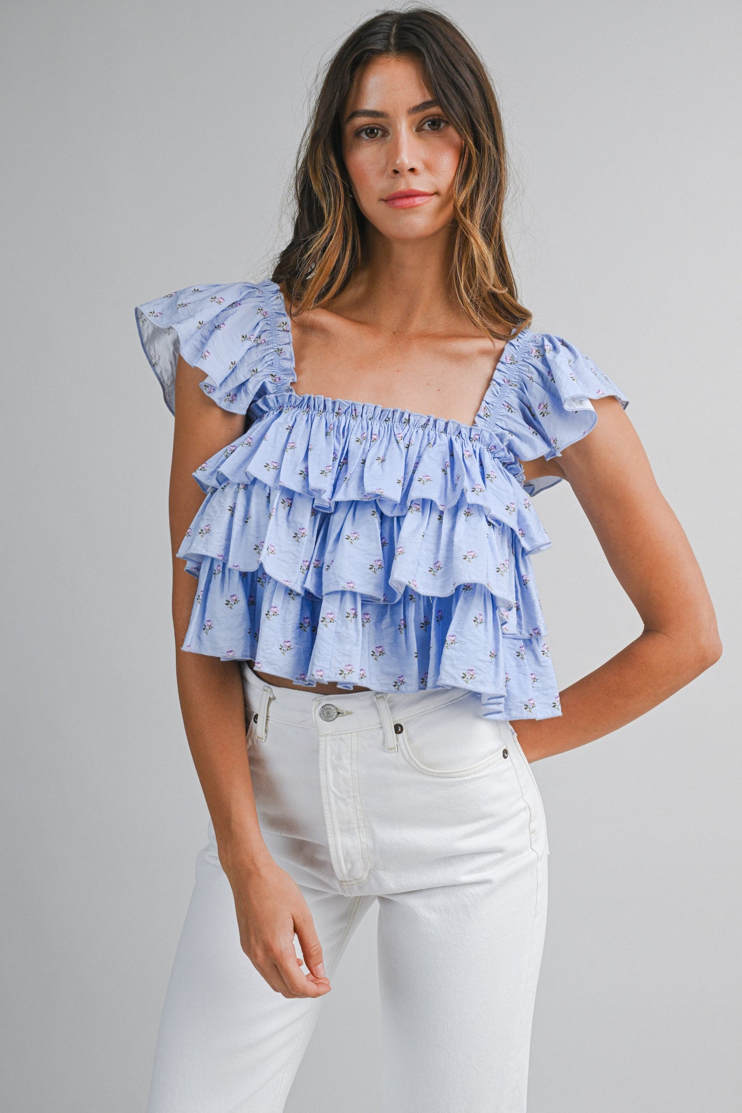 Ditsy Floral Ruffle Top Blue