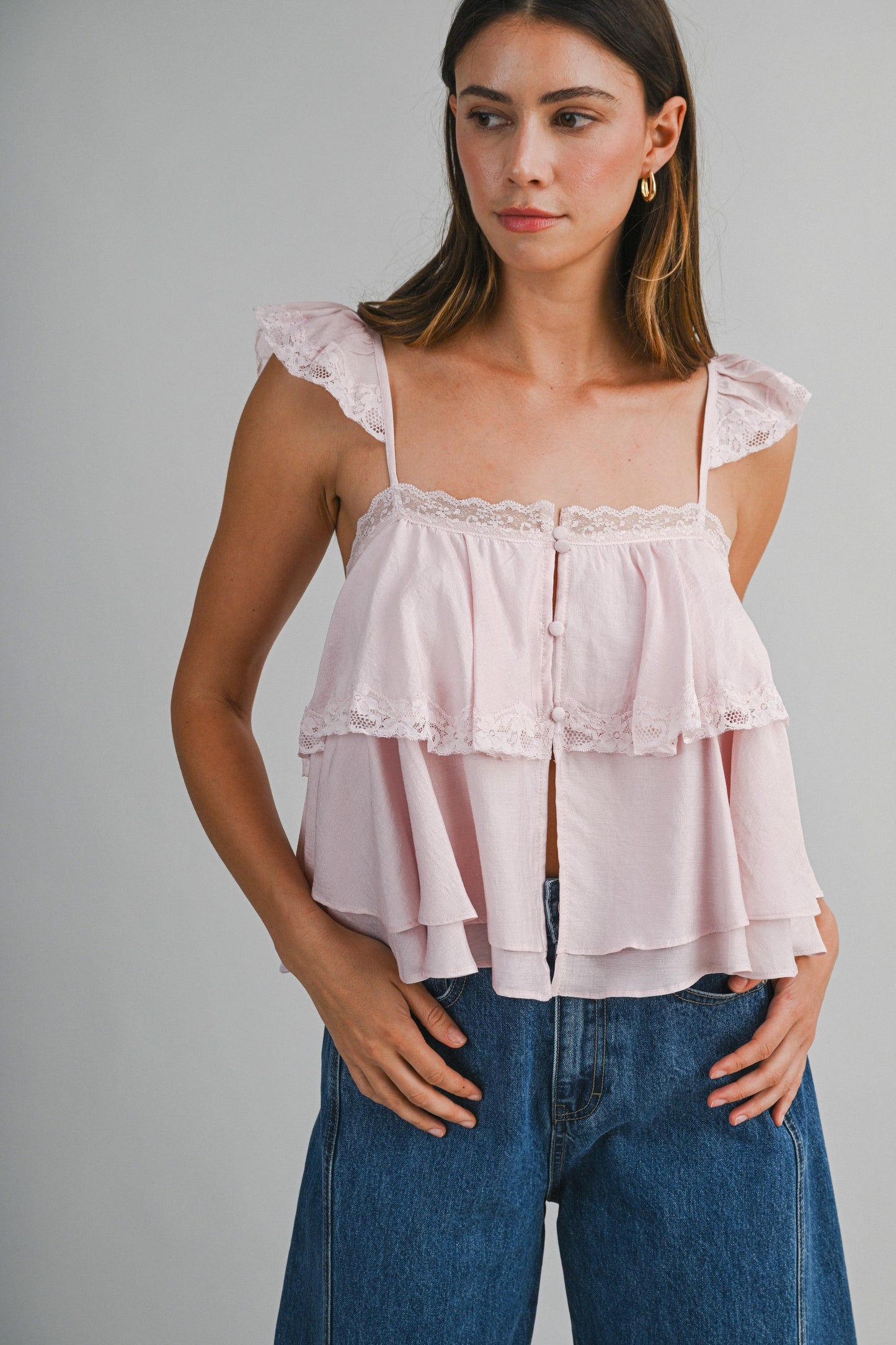 Lace Trim Ruffle Tier Top Pink