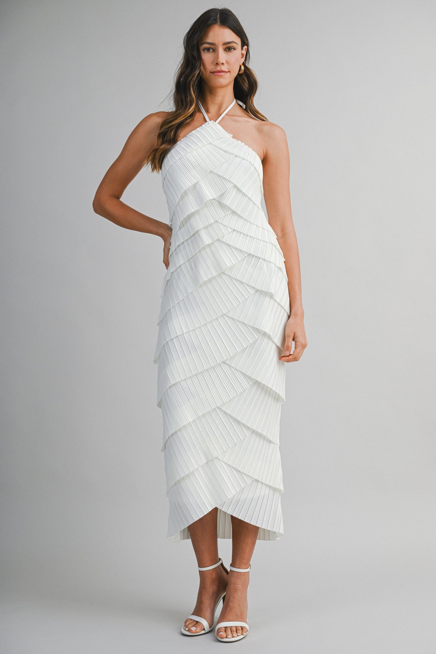 Pleated Halter Midi Dress Ivory