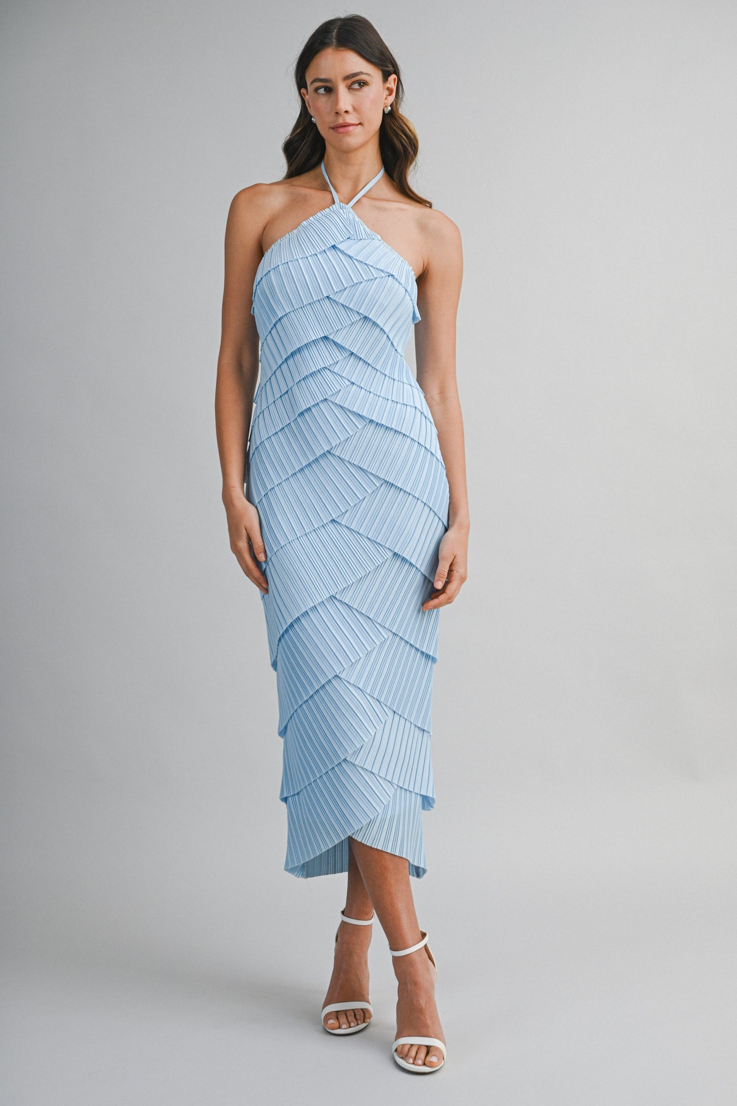 Pleated Halter Midi Dress Blue