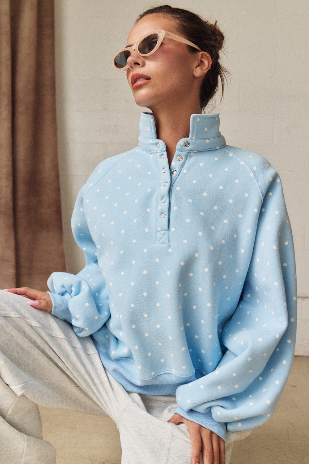 Polka Dot Snap Button Pullover Blue