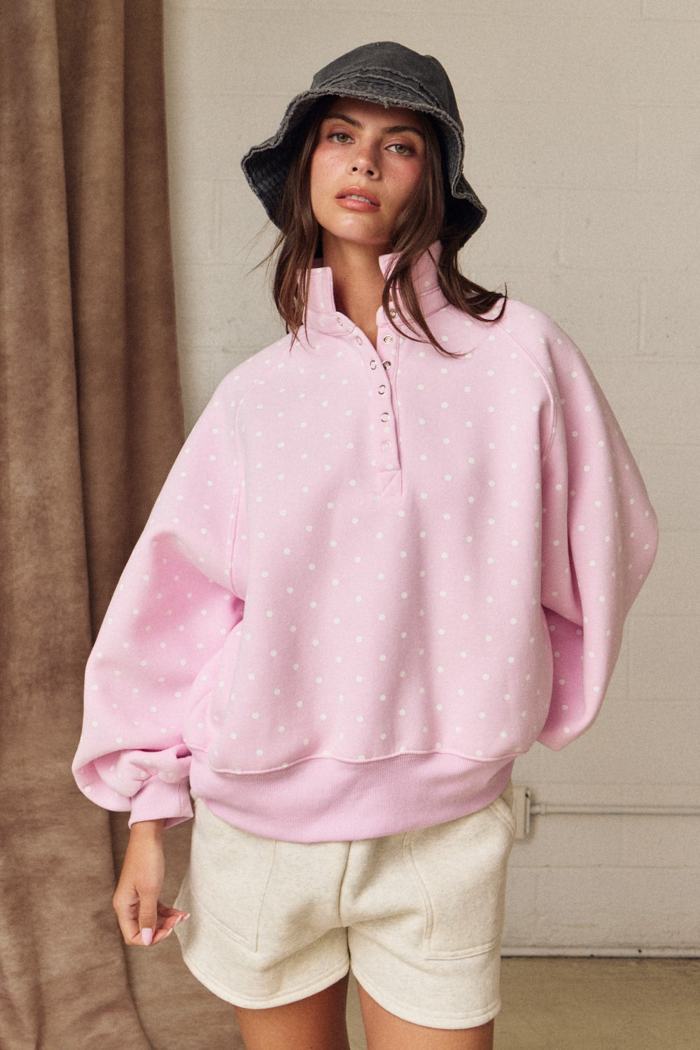 Polka Dot Snap Button Pullover Pink