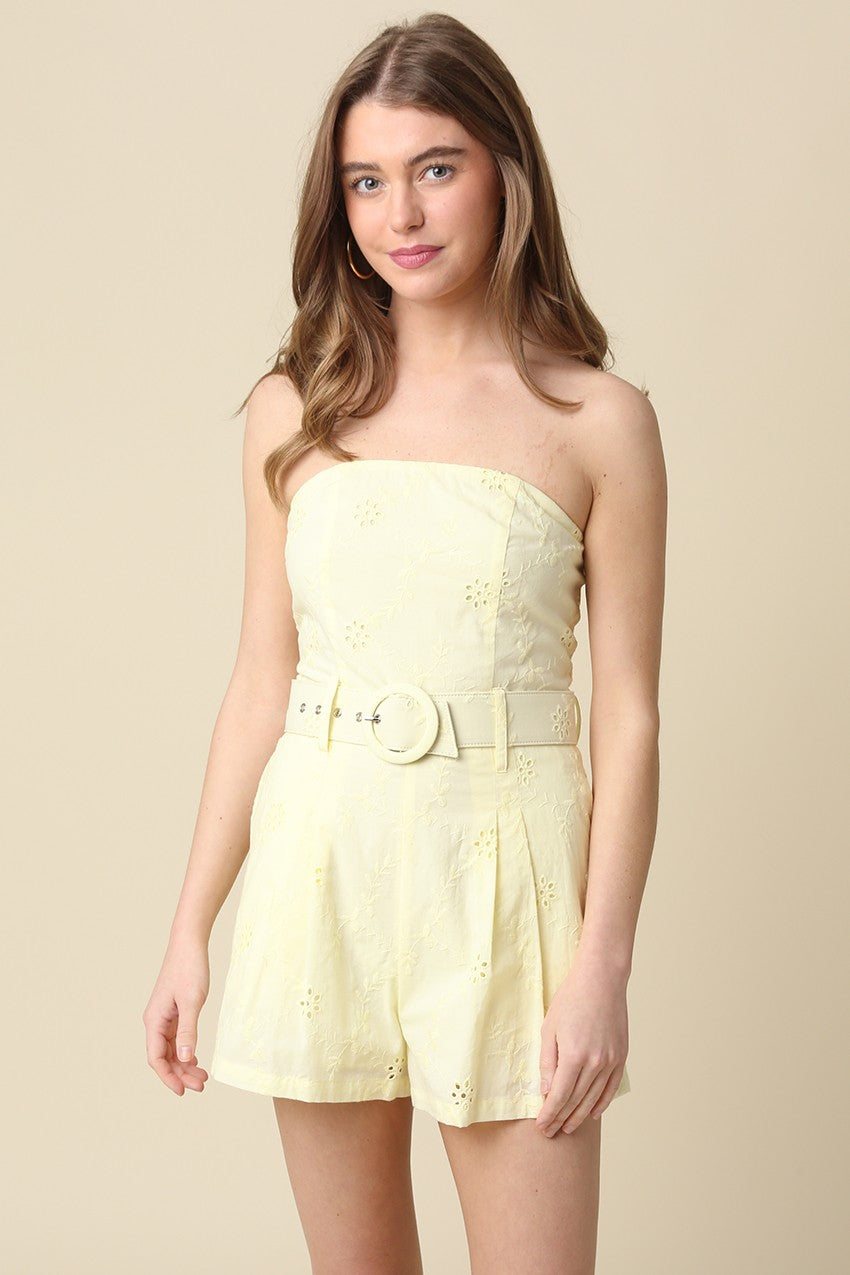 Kaya Strapless Belted Romper Yellow