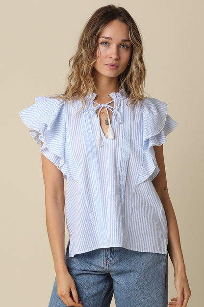 Denisse Pintuck Ruffle Blouse Blue