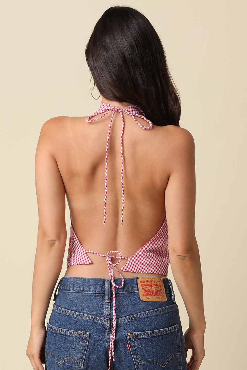 Red Checker Halter Tie Back Top