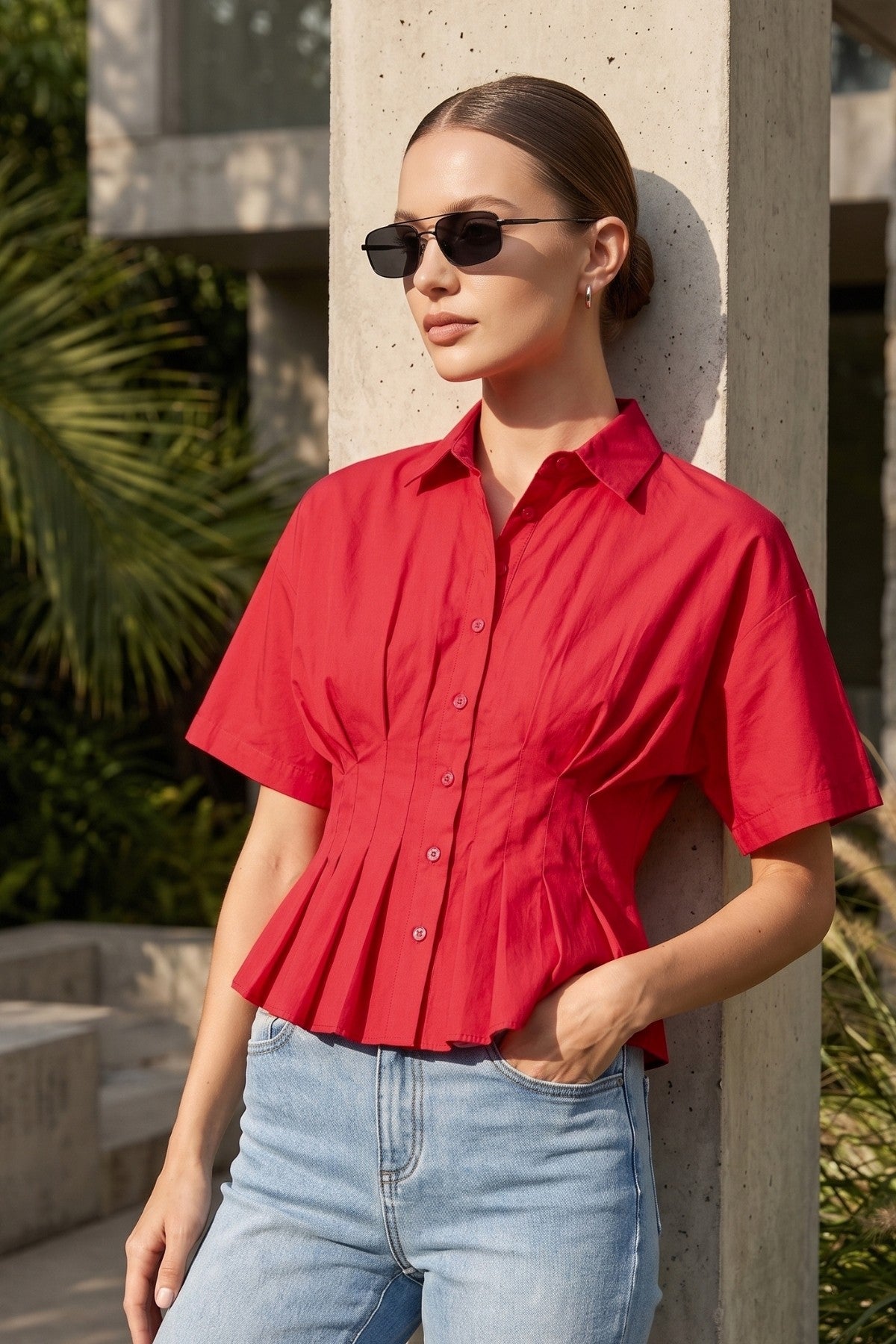 Collared Pleat Shirt Red