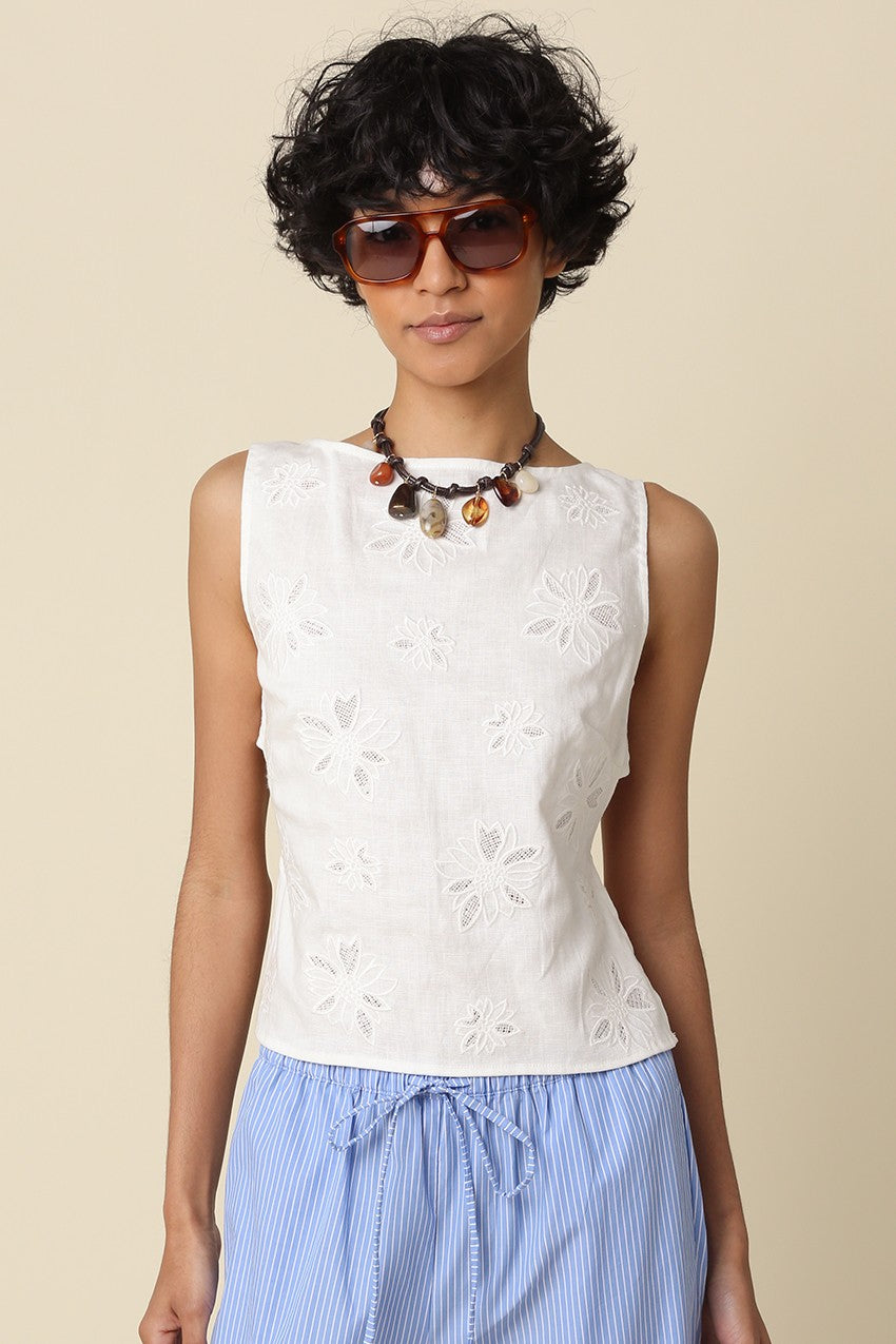 Flower Embroidered Tie Back Tank