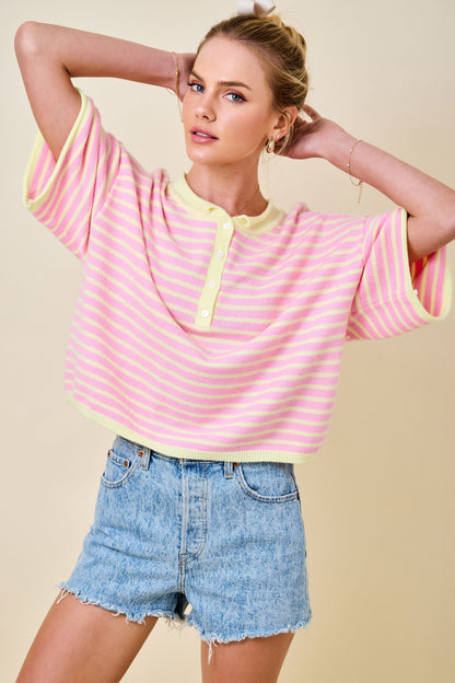 Striped Henley Knit Top Pink