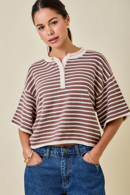Striped Henley Knit Top Brown