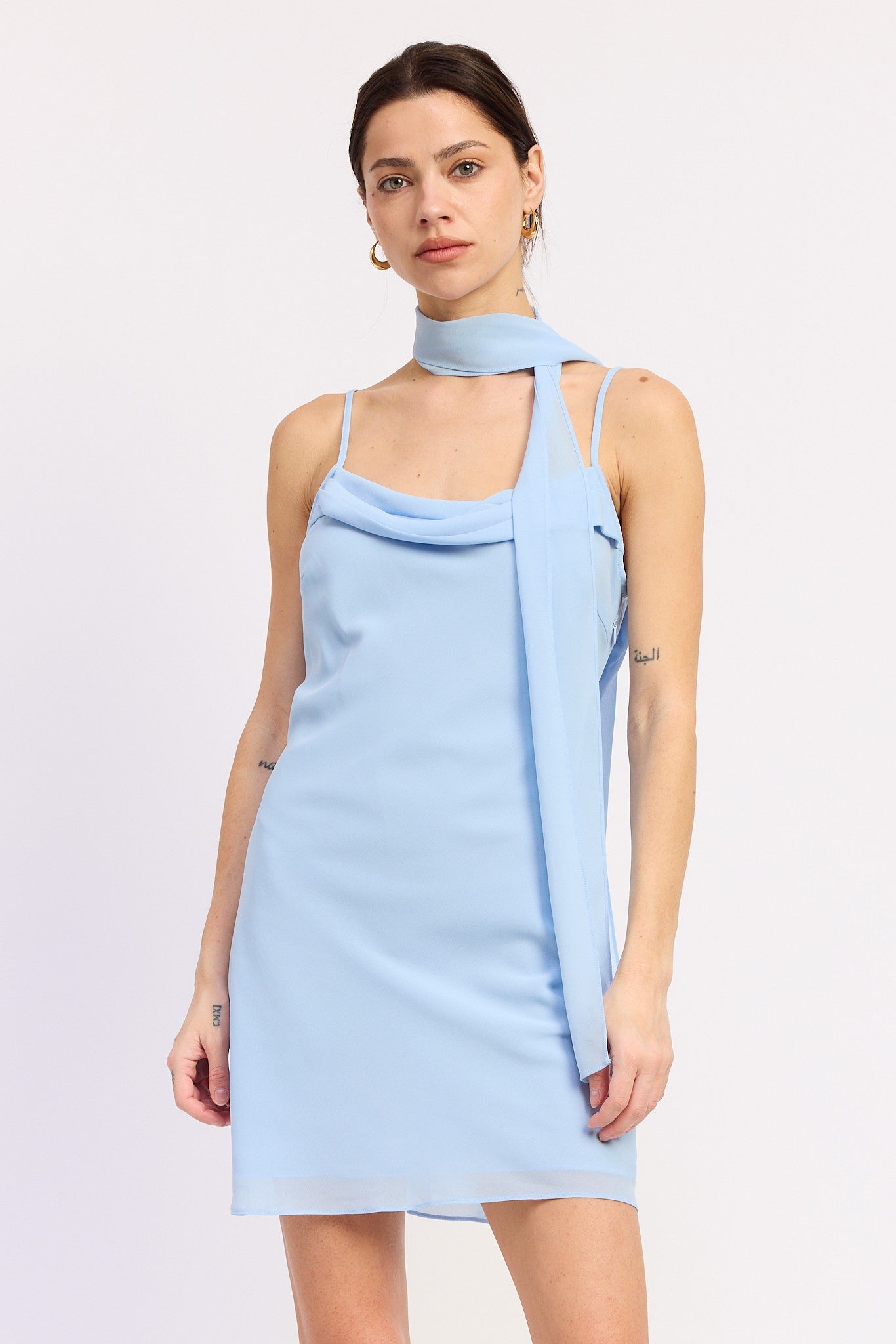 Cowl Front Dress w/ Scarf Blue