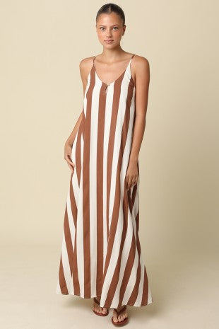 Stripe Open Back Maxi Dress Brown/White