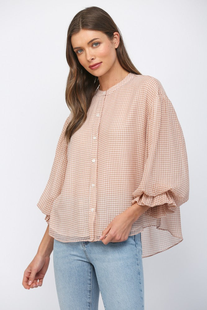 Gingham Buttons Blouse Tan