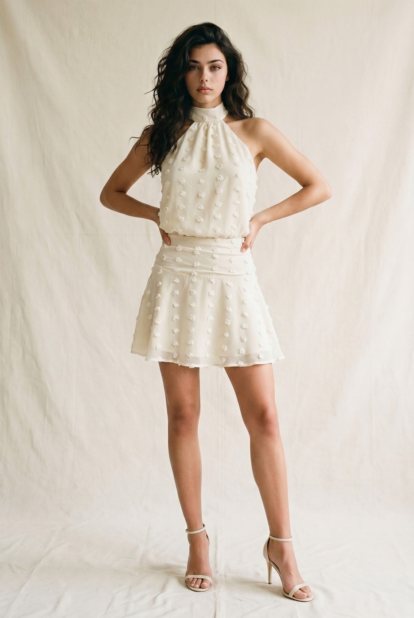 Clip Dot Halter Dress Cream