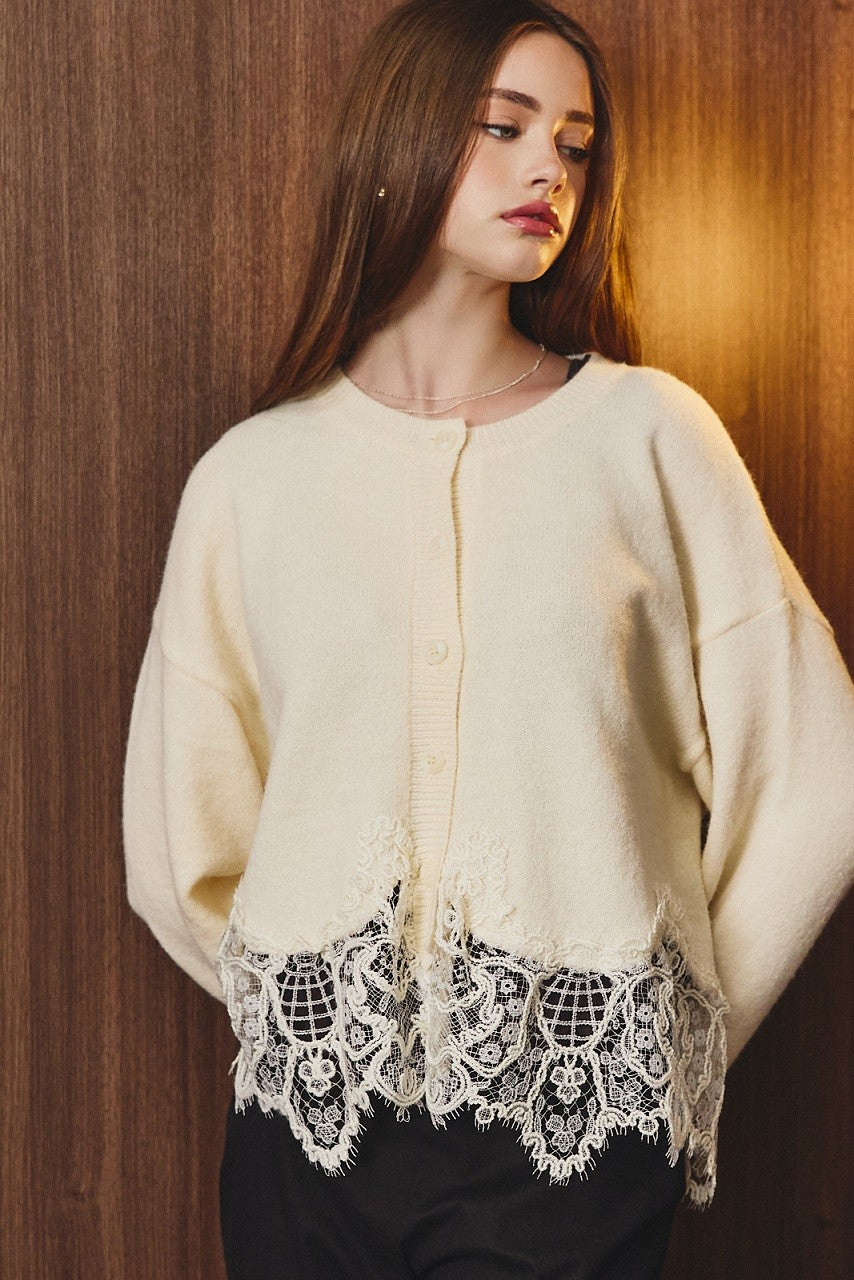Cream Lace Trim Cardigan