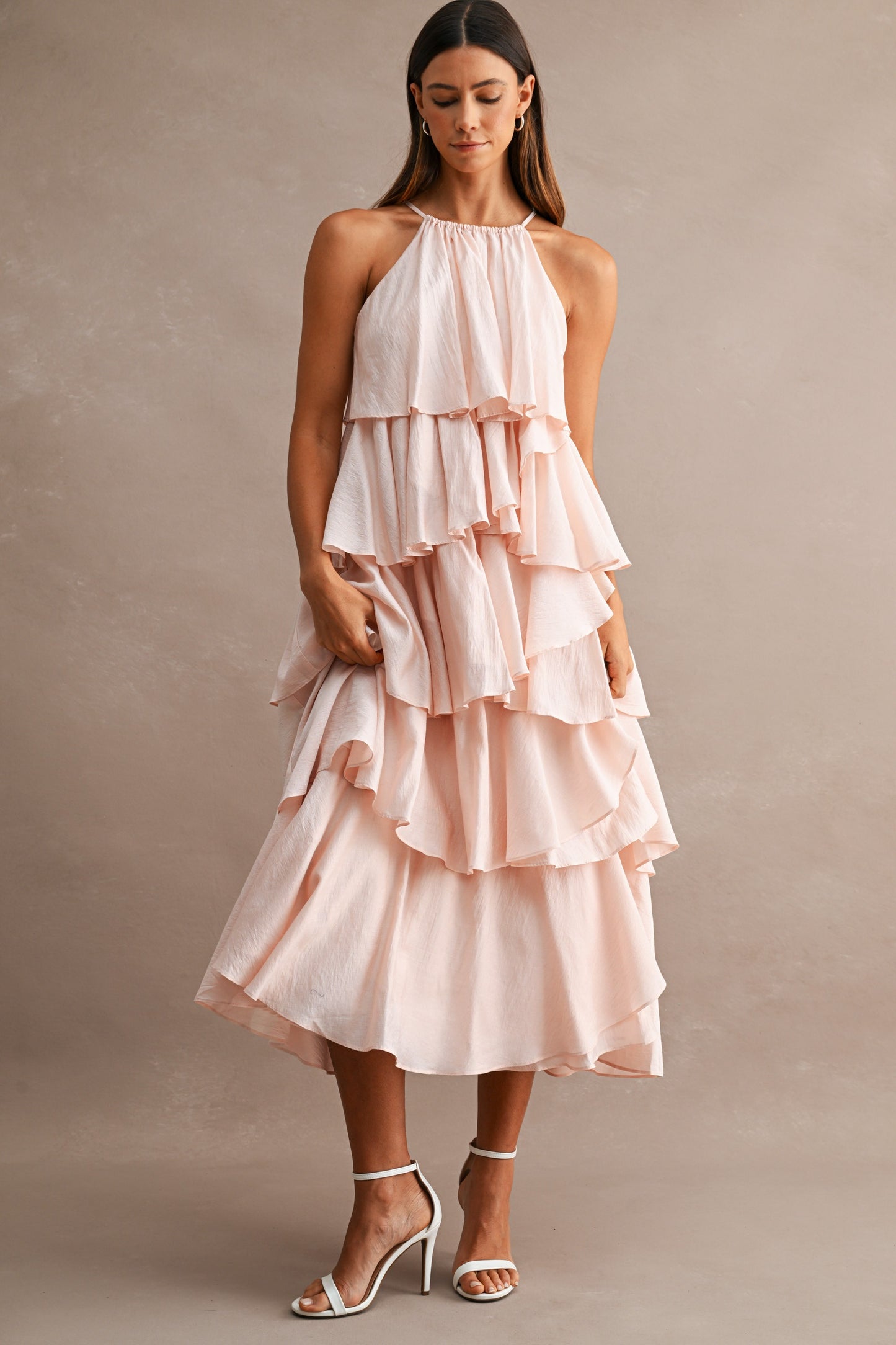 Pink Tiered Ruffle Midi Dress