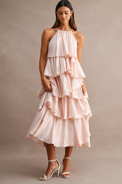 Pink Tiered Ruffle Midi Dress