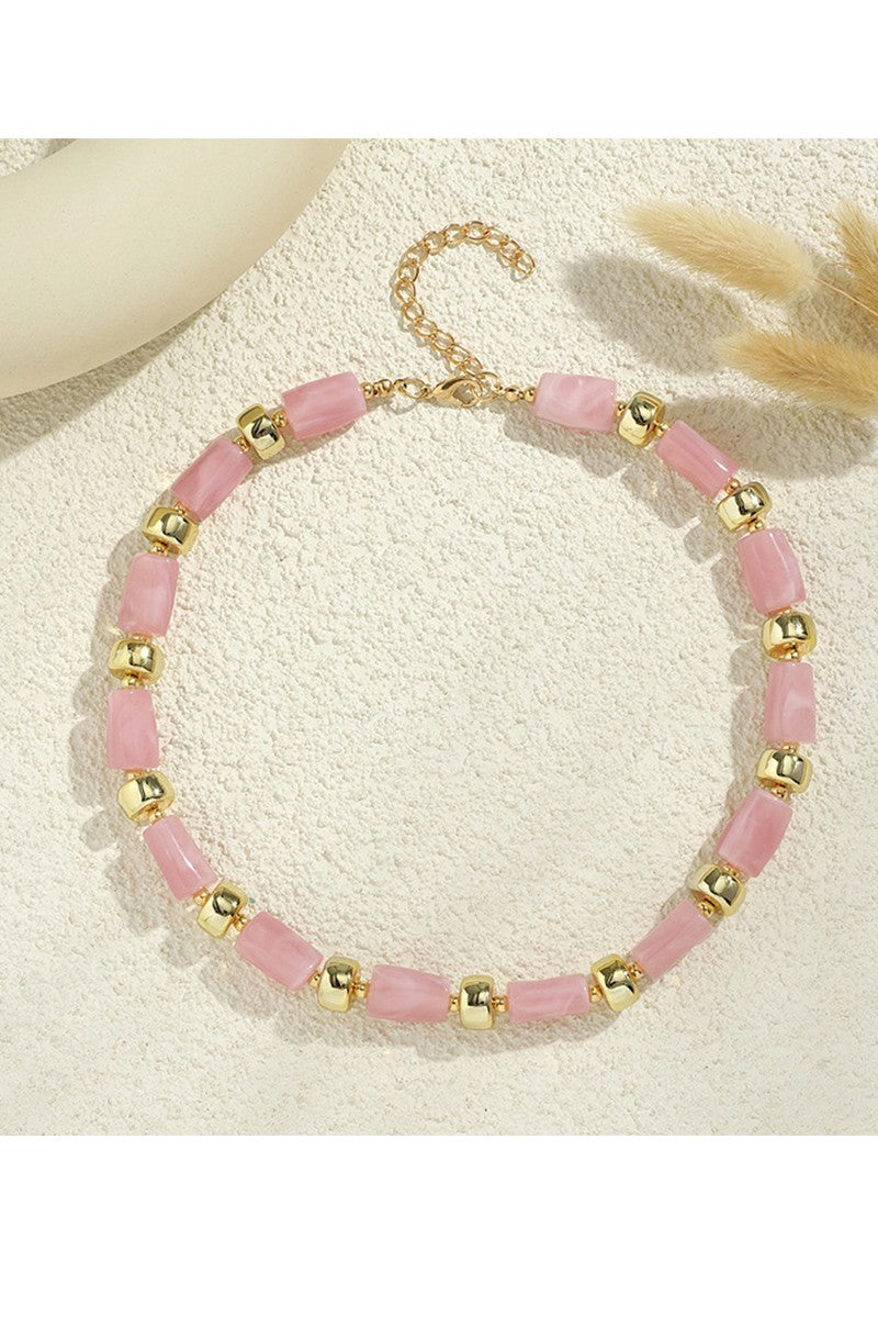 Rein Bead Necklace w/ Gold Pink