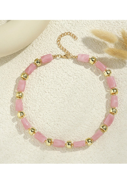 Rein Bead Necklace w/ Gold Pink