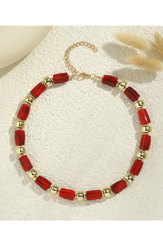 Rein Bead Necklace w/ Gold Red