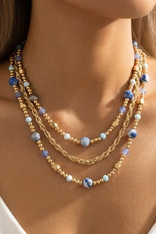 Triple Strand Blue Beads Necklace