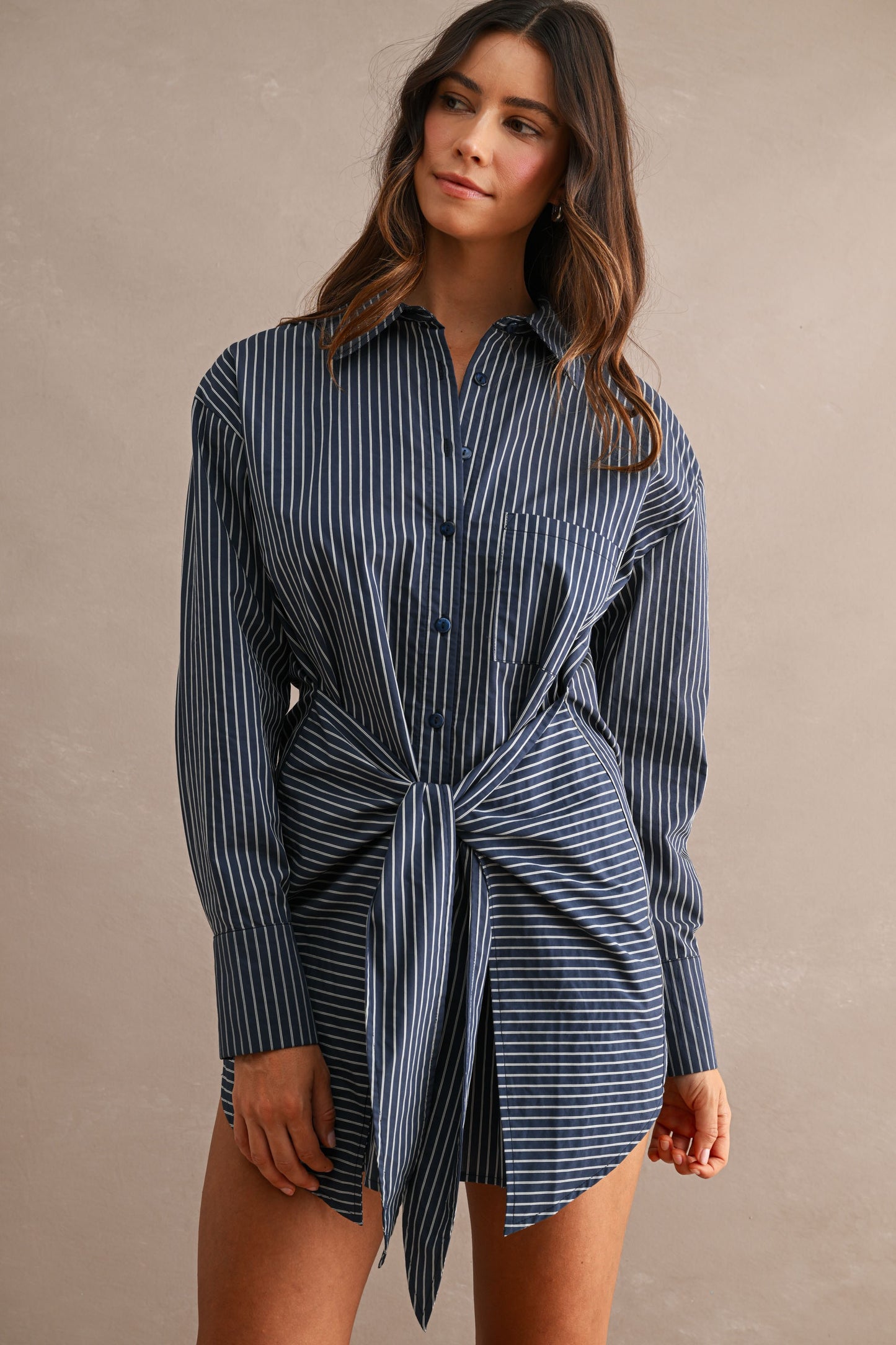 Navy Pinstripe Wrap Shirt Dress