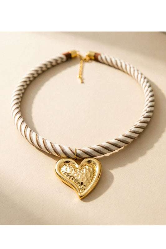 Heart Pendant Rope Necklace Biege