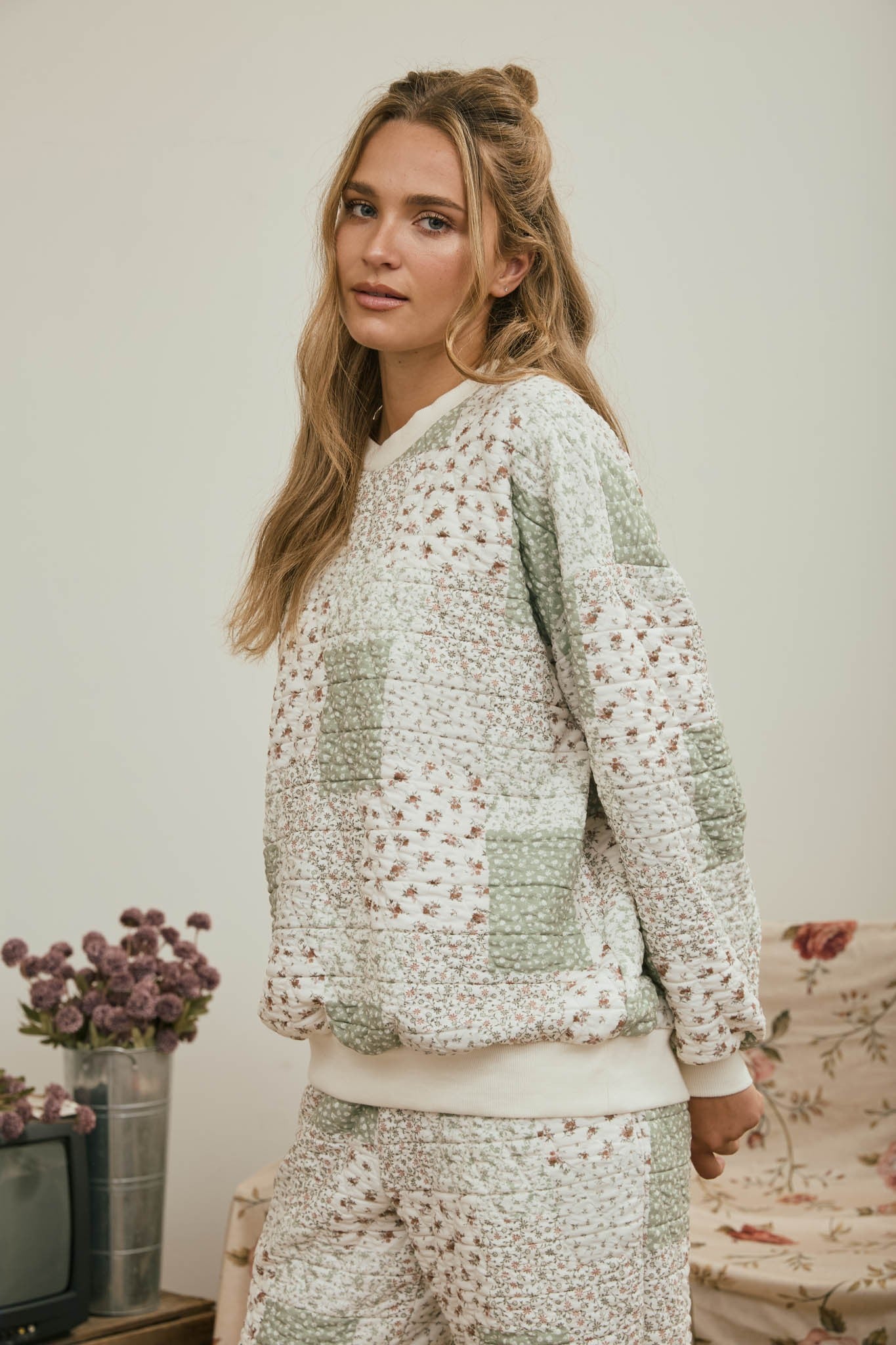 Green Floral Patchwork Crewneck