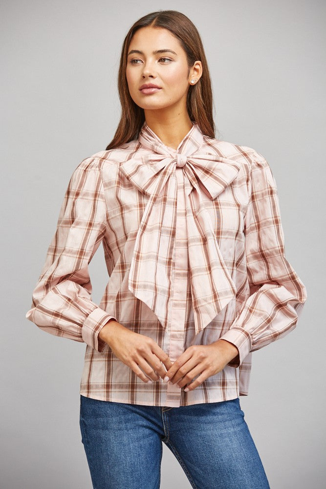 Pink Plaid Neck Tie Blouse