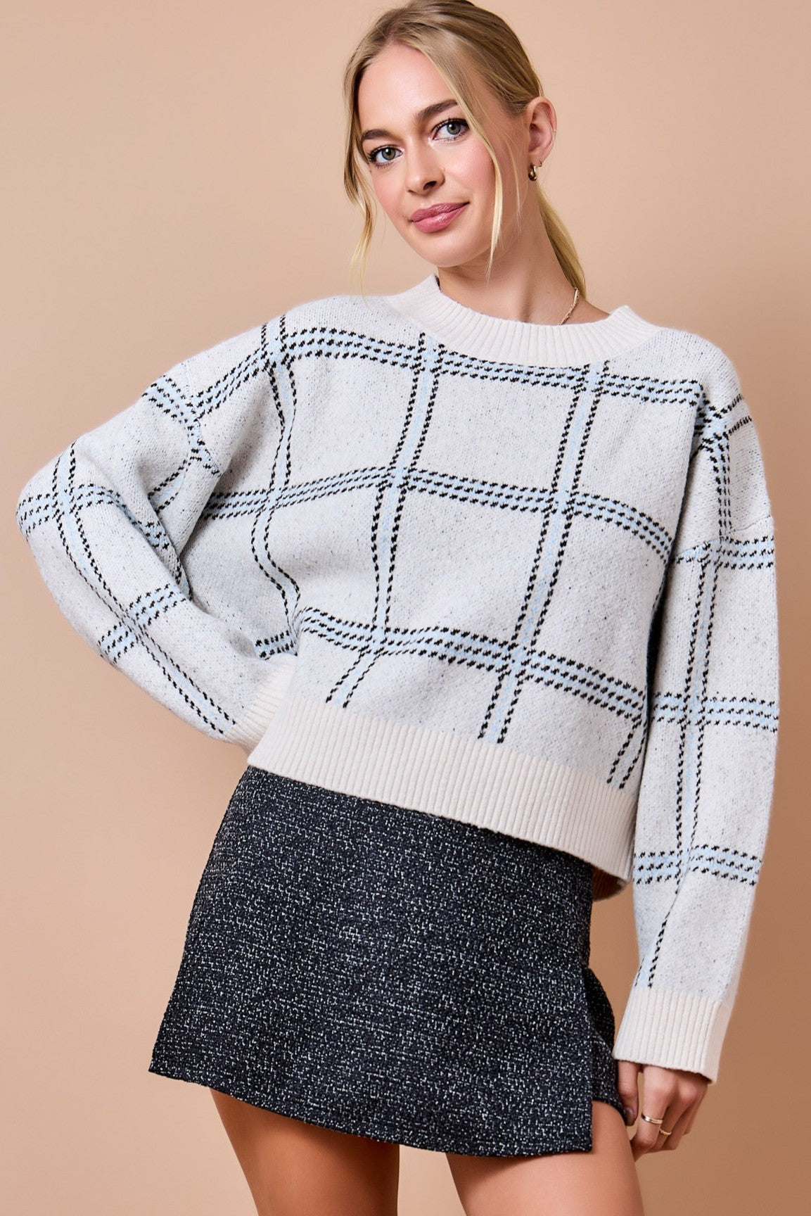 Navy Plaid Grid Sweater