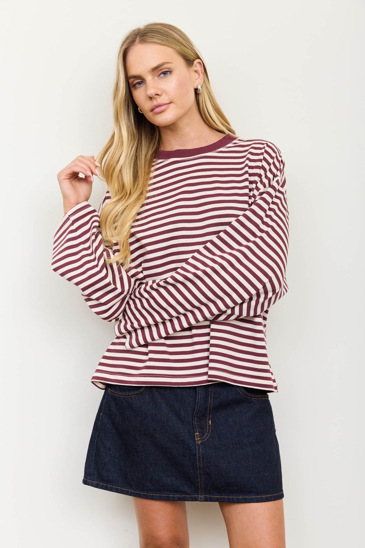 Striped Long Sleeve Top Burgundy