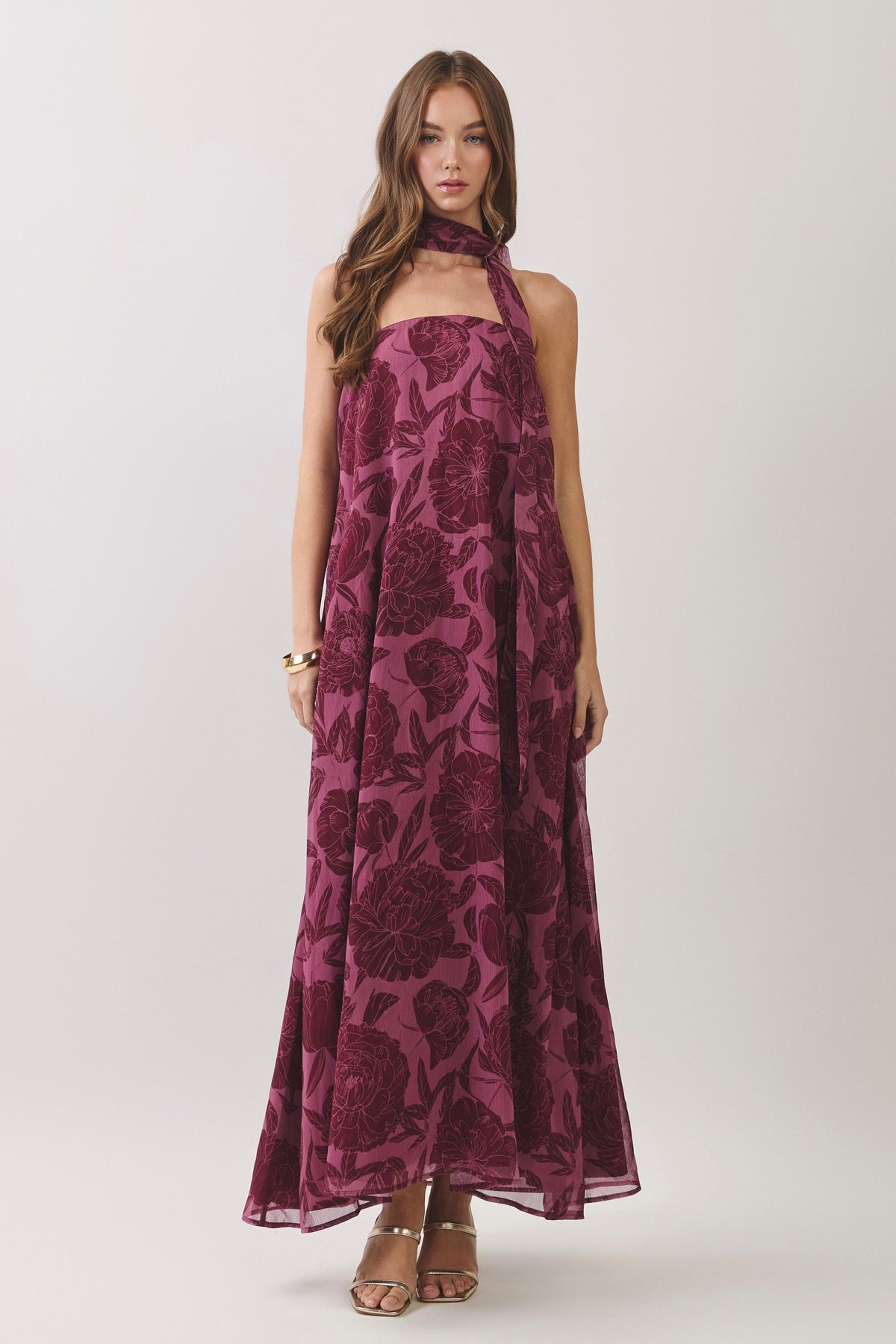 Floral Strapless Maxi w/ Scarf Wine