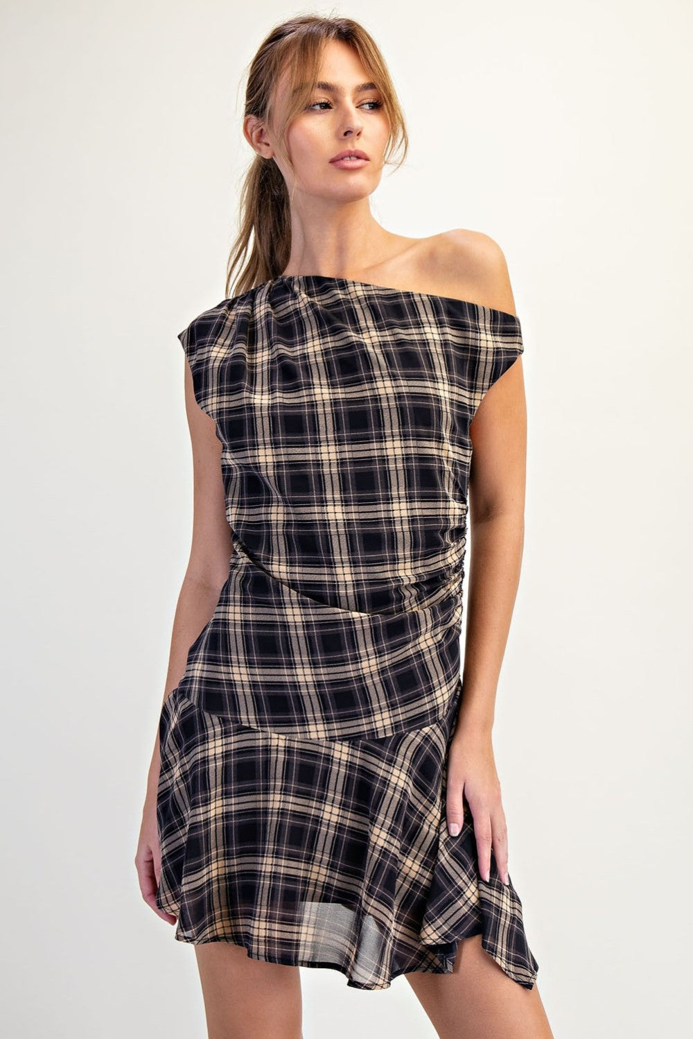 Plaid Ruffle Off Shoulder Dress