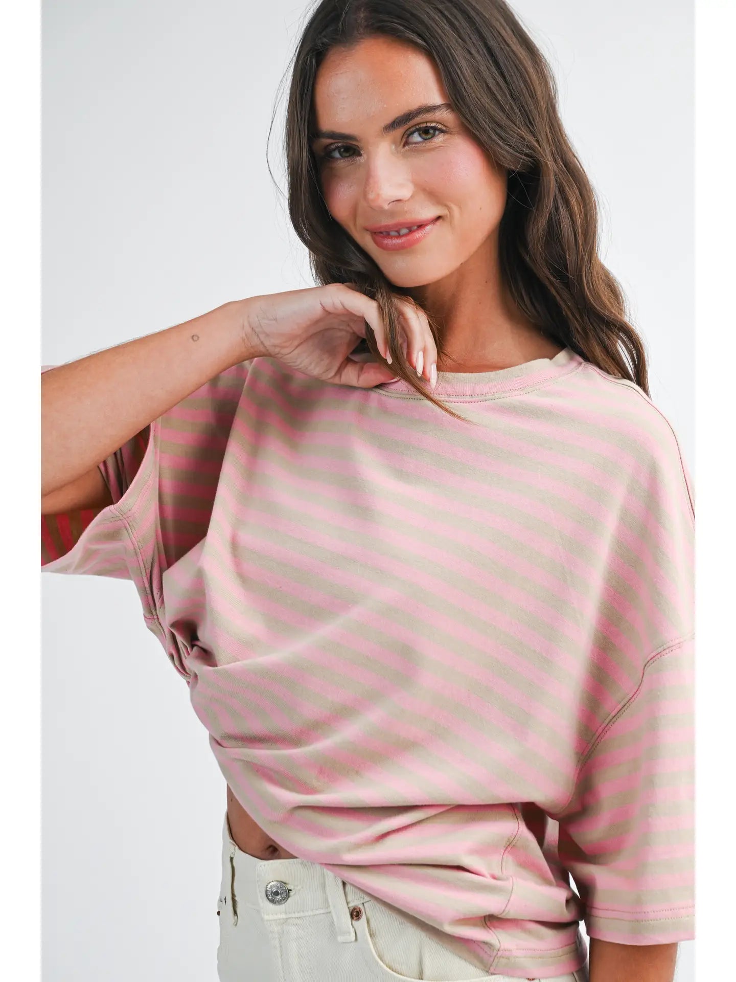 Oversized Boyfriend Stripe Tee Tan/Pink