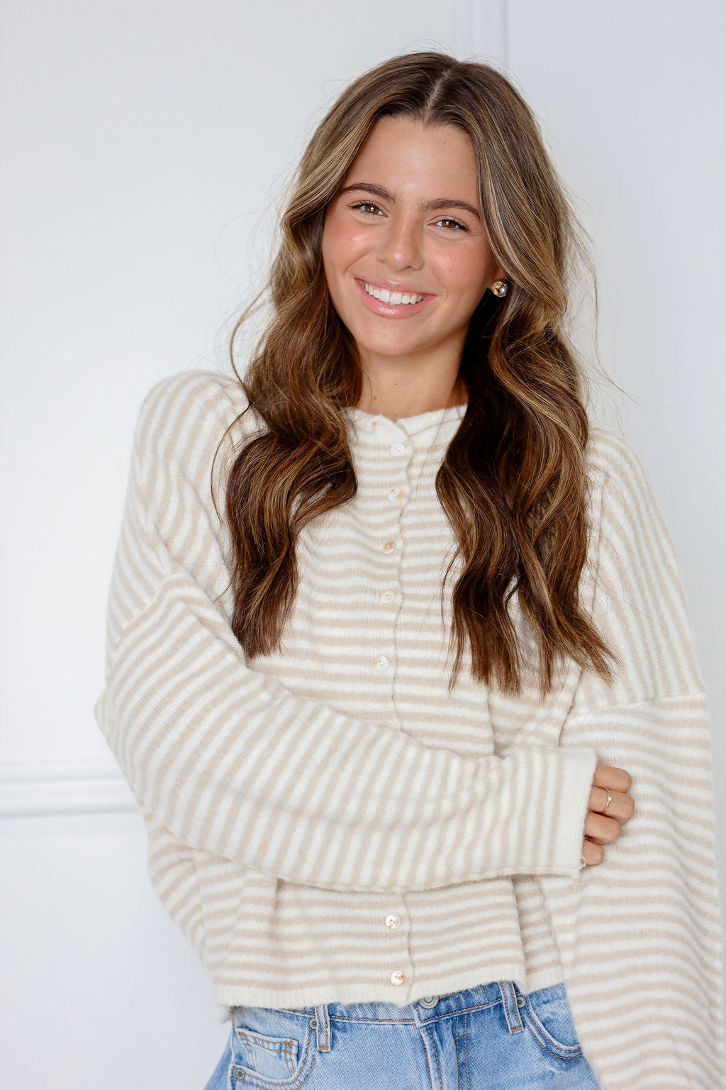 Button Down Cardi Tan Stripe